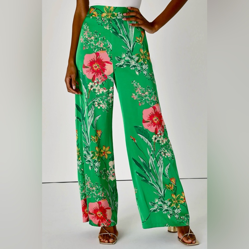 LN THRIVING VIBES BRIGHT GREEN FLORAL PRINT SATIN WIDE LEG  PANTS. ♥️ - Picture 2 of 3